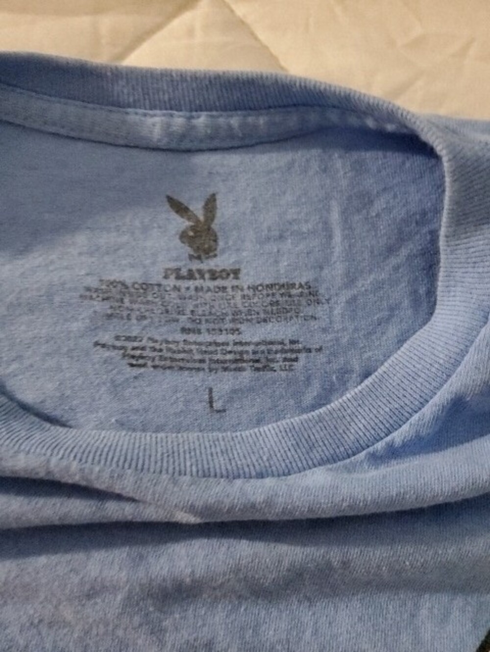 PLAYBOY Light Blue Tee w/White Bunny & Black Playboy Tee w/neon Green Bunny - Picture 2 of 3